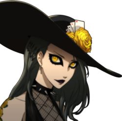 Rule 34 | 10s, 1girl, black hair, black lips, collar, earrings, hat, jewelry, lipstick, looking at viewer, lowres, makeup, niijima sae, official art, persona, persona 5, shadow (persona), shadow sae, solo, spiked collar, spikes, yellow eyes