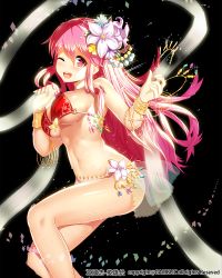 Rule 34 | 1girl, bad id, bad twitter id, bangle, bikini, blush, bracelet, breasts, female focus, flower, gem, hair flower, hair ornament, jewelry, large breasts, long hair, looking at viewer, one eye closed, open mouth, pink eyes, pink hair, ratio (ratio-d), red bikini, shawl, simple background, smile, solo, sparkle, swimsuit, watermark