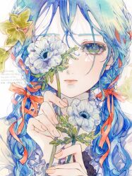 Rule 34 | 1girl, artist name, blue flower, braid, close-up, closed mouth, commentary, commentary request, curly hair, english commentary, expressionless, flower, flower request, hair ornament, hair ribbon, highres, holding, holding flower, leaf, leaf hair ornament, long hair, looking at viewer, mixed-language commentary, multicolored eyes, one eye covered, original, painting (medium), red ribbon, ribbon, shiratama anzu, side braids, solo, traditional media, twintails, upper body, watercolor (medium), watermark, white background