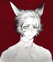 Rule 34 | 1boy, animal ears, warrior of light (ff14), closed mouth, english text, final fantasy, final fantasy xiv, heterochromia, jpeg artifacts, looking at viewer, male focus, miqo&#039;te, pigeon666, red background, red eyes, scar, scar across eye, scar on face, scar on neck, scar on nose, solo, tears, upper body, white eyes