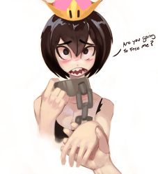 Rule 34 | 1boy, 1girl, black eyes, black hair, blush, bob cut, breasts, chain, chain leash, chained, cleavage, collar, collar tug, collarbone, commentary, couple, cropped torso, crown, d:, english commentary, english text, furrowed brow, hair between eyes, head out of frame, hetero, highres, leash, looking at viewer, mario (series), medium breasts, metal collar, new super mario bros. u deluxe, nintendo, nose blush, open mouth, parted bangs, personification, pov, pov hands, princess, princess chain chomp, sharp teeth, shnider, short hair, simple background, solo focus, super crown, tears, teeth, upper body, very short hair, white background, | |
