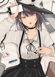 Rule 34 | 1girl, arm garter, black choker, black hat, black nails, black neckwear, black skirt, book, breasts, brown eyes, brown hair, charger, choker, collarbone, collared shirt, commentary request, computer, earrings, fedora, hat, hat ribbon, highres, jewelry, laptop, long sleeves, looking at viewer, lying, medium breasts, nail polish, necro (nekurodayo), on back, open mouth, pages, pen, phone, pill, ribbon, shirt, short hair, skirt, slit pupils, solo, suspender skirt, suspenders, touhou, usami renko, white ribbon, white shirt, wing collar