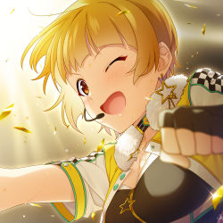 Rule 34 | 1girl, blonde hair, blunt bangs, blurry, blurry foreground, breasts, brown eyes, commentary request, confetti, earrings, fingerless gloves, fukuda noriko, gloves, idolmaster, idolmaster million live!, jewelry, looking at viewer, medium breasts, microphone, mikapoe, one eye closed, open mouth, short hair, short sleeves, solo, sweat