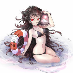 Rule 34 | 10s, 1girl, abyssal ship, bikini, black bikini, black hair, bonnet, breasts, collarbone, floating fortress (kancolle), frills, innertube, isolated island oni, kantai collection, long hair, looking at viewer, magenta (atyana), navel, pale skin, red eyes, sitting, small breasts, smile, solo, swim ring, swimsuit, thighs, very long hair