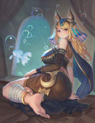 Rule 34 | 1girl, absurdres, animal ears, ankh, bare shoulders, barefoot, breasts, bubble, detached sleeves, egyptian, egyptian clothes, feet, fish, fish request, full body, highres, large breasts, looking at viewer, moonandmist, original, sitting, soles, solo, toes, wariza