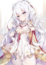 Rule 34 | + +, 1girl, azur lane, blue eyes, blush, bow, breasts, brown bow, closed mouth, commentary request, cowboy shot, double bun, dress, hair between eyes, hair bow, hair bun, head tilt, highres, le malin (azur lane), long hair, long sleeves, looking at viewer, pantyhose, pleated dress, silver hair, small breasts, smile, solo, striped, striped bow, thighband pantyhose, unacchi (nyusankin), very long hair, white dress, white pantyhose