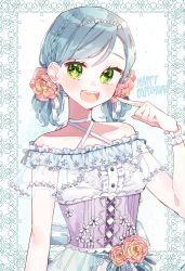Rule 34 | + +, 1girl, :d, alternate hairstyle, aqua hair, artist name, back bow, bang dream!, blue ribbon, blush, border, bow, braid, center frills, collarbone, corset, criss-cross halter, earrings, flower, frills, gem, green eyes, hair flower, hair ornament, hair ribbon, hairband, halterneck, happy birthday, highres, hikawa hina, jewelry, lace, lace border, open mouth, ornate border, patzzi, pearl (gemstone), pearl hair ornament, pink flower, pointing, pointing at self, ribbon, shirt, skirt, smile, solo, sparkle, striped ribbon, twintails, upper body, white ribbon, white shirt, wrist cuffs