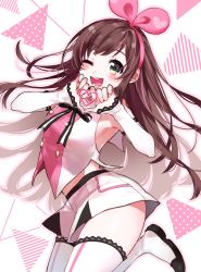Rule 34 | 1girl, ;d, bare shoulders, black bow, black footwear, blush, bow, breasts, brown hair, commentary request, detached sleeves, flower-shaped pupils, green eyes, hair ribbon, hairband, hands up, heart, heart hands, highres, kizuna ai, kizuna ai inc., kurihara sakura, lace, lace-trimmed legwear, lace trim, long hair, long sleeves, looking at viewer, multicolored hair, one eye closed, open mouth, pink hair, pink hairband, pink ribbon, polka dot, ribbon, shirt, shoes, short shorts, shorts, sleeveless, sleeveless shirt, sleeves past wrists, small breasts, smile, solo, streaked hair, striped, striped bow, symbol-shaped pupils, thighhighs, vertical stripes, very long hair, virtual youtuber, white shirt, white shorts, white sleeves, white thighhighs