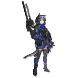 Rule 34 | 1girl, animal ears, arknights, black footwear, black thighhighs, blue eyes, blue hair, blue jacket, boots, full body, glaucus (arknights), grey hair, gun, hand up, holding, holding gun, holding weapon, jacket, long sleeves, looking at viewer, mouth hold, multicolored hair, official art, rifle, short hair, solo, standing, streaked hair, tablet pc, tail, thigh strap, thighhighs, transparent background, weapon, xiayehongming