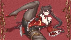 Rule 34 | 1girl, alternate breast size, black survival, breasts, chinese clothes, choker, commentary, double bun, dudou, english commentary, eternal return: black survival, hair bun, high heels, highres, leg up, li dailin, long hair, long sleeves, looking at viewer, medium breasts, pantyhose, red background, red footwear, smile, solo, spread legs, twintails, very long hair, wide sleeves, xognsyoon970, yellow eyes