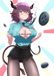 Rule 34 | 1girl, animal ears, arknights, black necktie, black panties, black pantyhose, blue shirt, breast pocket, breasts, brown eyes, bursting breasts, buttons, cleavage, cow ears, cow horns, cow tail, dress shirt, flying button, highres, horns, large breasts, leather skirt, looking at viewer, miniskirt, necktie, orionstar, panties, panties under pantyhose, pantyhose, pocket, popped button, purple hair, shirt, short hair, short sleeves, sideroca (arknights), skirt, solo, tail, underwear, wardrobe malfunction