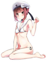 Rule 34 | 10s, 1girl, anchor, bad id, bad pixiv id, barefoot, beret, bikini, bow, breasts, brown eyes, brown hair, feet, full body, hat, hat bow, highres, kantai collection, kneeling, looking at viewer, military hat, nekobaka, sailor bikini, sailor collar, sailor hat, short hair, simple background, sitting, small breasts, solo, striped, striped bow, swimsuit, wariza, white background, white bikini, white hat, z3 max schultz (kancolle)