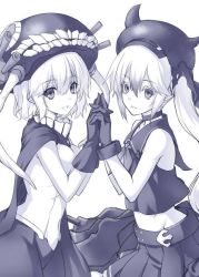Rule 34 | 10s, 2girls, abyssal ship, bodysuit, cape, colored skin, destroyer princess, gloves, holding hands, hat, kantai collection, machinery, multiple girls, oukawa yuu, pale skin, purple eyes, school uniform, serafuku, short hair, side ponytail, turret, white hair, white skin, wo-class aircraft carrier