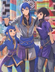 Rule 34 | 1boy, 2girls, alternate costume, black hair, blue eyes, blue hair, closed mouth, commentary, commission, couple, english commentary, family, father and daughter, fire emblem, fire emblem: genealogy of the holy war, hair between eyes, highres, husband and wife, if they mated, iro saki, larcei (fire emblem), long hair, long sleeves, looking at another, mother and daughter, multiple girls, nintendo, obi, open mouth, ponytail, purple eyes, sash, seliph (fire emblem), short hair, short hair with long locks, short sleeves, sidelocks, smile, teeth, upper teeth only