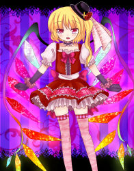 Rule 34 | 1girl, :d, adapted costume, artificial wings, bad id, bad pixiv id, blonde hair, blush, bow, choker, collarbone, dress, elbow gloves, flandre scarlet, frilled dress, frills, gloves, hat, highres, kayupon, lolita fashion, looking at viewer, mini hat, mini top hat, open mouth, pink thighhighs, puffy sleeves, red dress, red eyes, short sleeves, side ponytail, smile, solo, thighhighs, top hat, touhou, wings, wrist cuffs