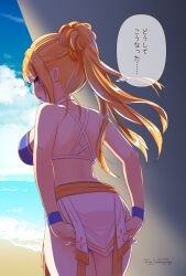 Rule 34 | 1girl, adapted costume, adjusting clothes, adjusting swimsuit, arch bishop (ragnarok online), ass, back, beach, bikini, bikini skirt, blonde hair, blue bikini, blue eyes, blue sky, blush, braid, breasts, cloud, commentary request, dated, french braid, high ponytail, highres, horizon, large breasts, long hair, looking at viewer, looking back, ocean, open mouth, ragnarok masters, ragnarok online, signature, sky, solo, swimsuit, tomo-graphy, translation request, twitter username, upper body, water, wristband
