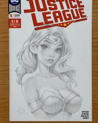 Rule 34 | 1girl, armlet, breasts, circlet, cleavage, commentary, copyright name, covered erect nipples, dc comics, english commentary, graphite (medium), highres, justice league, large breasts, parted lips, photo (medium), signature, solo, traditional media, upper body, wavy hair, will jack, wonder woman, wonder woman (series)