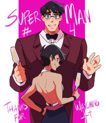 Rule 34 | 1boy, 1girl, 38sr, back, backless outfit, black hair, blue eyes, blush, bow, bowtie, brown eyes, champagne flute, clark kent, copyright name, cup, dc comics, drinking glass, formal, hand on own hip, lois lane, looking at viewer, looking back, my adventures with superman, short hair, smile, suit, superman (series), tall male, very short hair, waving