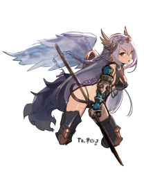 Rule 34 | 1girl, absurdres, armor, artist request, bikini armor, braid, breasts, brown dust, brown eyes, commission, crop top, cropped legs, crown braid, from side, gauntlets, granhildr (brown dust), greaves, hair between eyes, highres, leaning forward, light purple hair, long hair, looking at viewer, medium breasts, open mouth, polearm, second-party source, sidelocks, simple background, single wing, solo, thighhighs, twin braids, very long hair, weapon, white background, wings