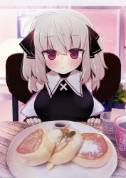 Rule 34 | 1girl, 2022, basket, blush, butter, coffee, coffee cup, collared shirt, cup, disposable cup, food, hair between eyes, hair ornament, highres, looking at viewer, open mouth, original, pancake, plate, red eyes, shirt, white hair, yashiro ryo