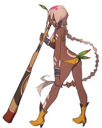 Rule 34 | 1girl, absurdly long hair, ass, bikini, bodypaint, boots, bracelet, braid, breasts, brown eyes, commentary request, dark skin, dark-skinned female, didgeridoo, facepaint, from behind, full body, highres, jewelry, leaf, lee hyeseung, long hair, original, small breasts, solo, swimsuit, very long hair, white hair