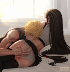 Rule 34 | 1boy, 1girl, absurdres, ass, azezazel, bare arms, bare shoulders, bed sheet, black hair, black skirt, black sports bra, black thighhighs, blonde hair, closed eyes, cloud strife, commentary, couple, crop top, earrings, final fantasy, final fantasy vii, final fantasy vii remake, hand on another&#039;s ass, hetero, highres, indoors, jewelry, kiss, long hair, low-tied long hair, lying, on side, panties, signature, single earring, skirt, sleeveless, sleeveless turtleneck, spiked hair, sports bra, sunlight, suspenders, sweater, symbol-only commentary, tank top, teardrop earring, thighhighs, tifa lockhart, turtleneck, turtleneck sweater, underwear, white panties, white tank top, window