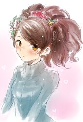 Rule 34 | 1girl, big hair, brown eyes, brown hair, casual, comb, hair ornament, heart, holly, mistletoe, momohime, oboro muramasa, ribbed sweater, solo, sweater, turtleneck, turtleneck sweater, tusia, upper body