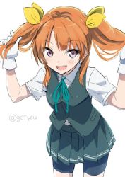 Rule 34 | 10s, 1girl, :d, ahoge, brown eyes, gloves, gotyou, hair ribbon, holding, holding own hair, kagerou (kancolle), kantai collection, leaning forward, long hair, md5 mismatch, open mouth, orange hair, pleated skirt, resized, ribbon, school uniform, short sleeves, shorts, shorts under skirt, simple background, sketch, skirt, smile, solo, twintails, twitter username, vest