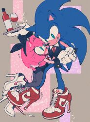 Rule 34 | 1boy, 1girl, alcohol, alternate costume, amy rose, animal ears, animal nose, aqua eyes, arm up, artist name, bare back, bare shoulders, black leotard, black pantyhose, black vest, blue fur, blush, boots, bottle, bow, bowtie, breasts, buttons, commentary request, cup, drinking glass, eyelashes, ezume (rosehip), fake animal ears, flying sweatdrops, furry, furry female, furry male, glass, gloves, grey background, hand up, hedgehog, hedgehog ears, hedgehog girl, hedgehog tail, hetero, high heels, highres, holding, holding hands, holding tray, leg up, leotard, looking at another, medium breasts, multicolored footwear, necktie, open mouth, pantyhose, pink background, pink fur, playboy bunny, purple background, rabbit ears, red bow, red bowtie, red footwear, red necktie, red wine, smile, sonic (series), sonic the hedgehog, standing, standing on one leg, strapless, strapless leotard, sweat, sweatdrop, tail, teeth, tongue, tray, triangle, vest, white footwear, white gloves, wine, wine bottle, wine glass, wrist cuffs