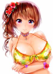 Rule 34 | 1girl, absurdres, bikini, blush, breast hold, breasts, brown hair, cleavage, female focus, floral print, flower, frilled bikini, frills, front-tie top, hair flower, hair ornament, hibiscus, highres, huge filesize, jewelry, koshika rina, large breasts, long hair, looking at viewer, necklace, original, print bikini, purple eyes, side ponytail, simple background, smile, solo, strap gap, swimsuit, white background, wrist cuffs