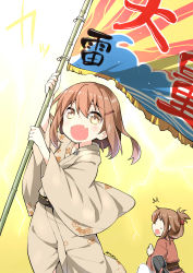 Rule 34 | 10s, 2girls, :d, absurdres, brown eyes, brown hair, commentary request, flag, folded ponytail, hair ornament, hairclip, highres, holding, ikazuchi (kancolle), inazuma (kancolle), japanese clothes, kantai collection, kimono, lightning, lightning bolt symbol, multiple girls, open mouth, ryuki (ryukisukune), short hair, smile, sweat, translation request, yukata