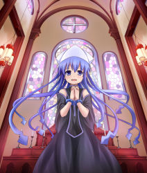 Rule 34 | 1girl, altar, alternate costume, blue eyes, blue hair, bracelet, church, hat, hiruberutefect, ikamusume, jewelry, long hair, matching hair/eyes, nun, own hands clasped, own hands together, shinryaku! ikamusume, solo, stained glass