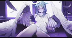 Rule 34 | 1girl, angel, angel wings, bare shoulders, blue hair, breasts, cellphone, chromatic aberration, covered navel, feathers, halo, highres, kamameshi gougoumaru, long hair, lying, nail polish, on back, original, phone, pillow, purple eyes, purple nails, shorts, smartphone, solo, tank top, wings