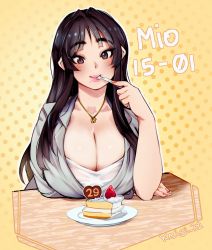 Rule 34 | 1girl, akiyama mio, alternate breast size, birthday, birthday cake, black hair, blush, breast rest, breasts, brown eyes, cake, character name, commentary, eating, english commentary, fingernails, food, fork, highres, holding, holding fork, huge breasts, jewelry, k-on!, keigi, lips, long hair, mole, mole on breast, necklace, aged up, polka dot, polka dot background, smile, solo, straight hair, thick eyebrows, twitter username, utensil in mouth, yellow background