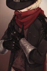 Rule 34 | 1boy, billy the kid (fate), black gloves, black hat, blonde hair, bob cut, brown background, brown vest, cowboy, cowboy hat, cowboy western, fate/grand order, fate (series), gloves, hat, jacket, leather, leather jacket, male focus, red scarf, scarf, shinkai kiiro, short hair, simple background, smile, solo, upper body, vest, western