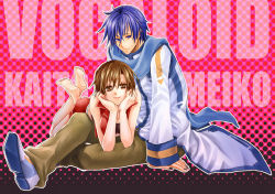 Rule 34 | 1boy, 1girl, bad id, bad pixiv id, barefoot, blue eyes, blue hair, blue scarf, breasts, brown eyes, brown hair, character name, cleavage, copyright name, couple, crossed legs, english text, feet, halftone, halftone background, hetero, kaito (vocaloid), lying, medium breasts, meiko (vocaloid), norihe, on stomach, outline, scarf, sitting, smile, soles, sweat, vocaloid