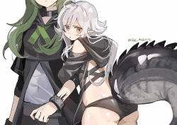 Rule 34 | 2girls, :o, ahoge, arknights, arm hug, ass, bad id, bad pixiv id, black collar, black panties, black shirt, black wristband, collar, covered navel, cowboy shot, crocodilian tail, gavial (arknights), green hair, grey hair, hood, hood down, infection monitor (arknights), long hair, looking at viewer, looking back, material growth, multicolored hair, multiple girls, orange eyes, oripathy lesion (arknights), panties, pointy ears, red medicine, shirt, simple background, skindentation, streaked hair, tail, thighs, tomimi (arknights), twitter username, underwear, white background
