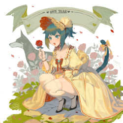 Rule 34 | 1girl, animal ears, arknights, blue hair, blush, bonnet, breasts, cat ears, cat tail, cleavage, dog, dress, english text, flower, full body, garter straps, green eyes, high heels, itoucon, jessica (arknights), medium breasts, open mouth, ponytail, pumps, ribbon, rose, shoes, squatting, stiletto heels, tail, tail ornament, tail ribbon, thighhighs