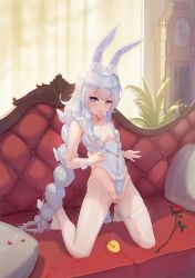 Rule 34 | 1girl, absurdres, animal ear fluff, animal ears, azur lane, bare shoulders, braid, breasts, cameltoe, choker, clock, clock tower, collarbone, couch, curtains, fake animal ears, flower, full body, hands up, highres, kneeling, le malin (azur lane), le malin (listless lapin) (azur lane), leotard, long hair, looking at viewer, messy hair, official alternate costume, pantyhose, parted lips, pillow, playboy bunny, purple hair, rabbit ears, sidelocks, sleeveless, small breasts, solo, thigh strap, tower, twin braids, twintails, white pantyhose, wrist cuffs, xiedai youxian dianhua
