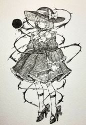 Rule 34 | 1girl, absurdres, bow, closed mouth, commentary request, flower, full body, greyscale, hat, hat bow, hat flower, high heels, highres, holding, holding knife, knife, komeiji koishi, long sleeves, looking at viewer, mashimashi, monochrome, short hair, solo, standing, third eye, thorns, touhou, traditional media, wide sleeves