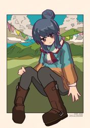 Rule 34 | 1girl, black leggings, blue hair, blue sky, blue sweater, blush, boots, brown footwear, closed mouth, cloud, cloudy sky, commentary, dated, day, fringe trim, frown, hair bun, hand on own knee, highres, leggings, leoponchiaki, looking at viewer, mountainous horizon, multicolored clothes, multicolored scarf, orange sweater, outdoors, outside border, purple eyes, scarf, shima rin, short hair, sidelocks, single hair bun, sitting, sky, solo, string of flags, sweater, twitter username, yurucamp