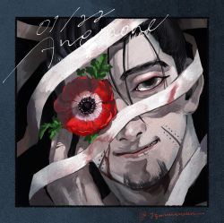 Rule 34 | 1boy, bandages, bandages, black background, black eyes, black hair, blood, blood on face, bloody bandages, dated, facial hair, facial scar, flower request, goatee, golden kamuy, highres, jyuuuuuuu (pizza), looking at viewer, male focus, ogata hyakunosuke, scar, scar on cheek, scar on face, solo, twitter username