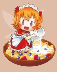 Rule 34 | 1girl, ascot, blue eyes, blueberry, blush, bowl, capelet, cereal, chamaji, fairy wings, fang, food, food focus, fruit, headdress, highres, kneeling, open mouth, orange hair, pitcher (container), pouring, raspberry, short hair, short sleeves, simple background, skirt, solo, sunny milk, touhou, wings