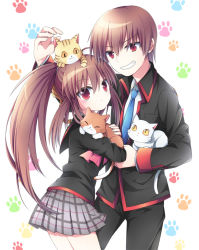 Rule 34 | 1boy, 1girl, animal, animal on head, brother and sister, brown hair, cat, cat on head, grin, lennon, little busters!, long hair, natsume kyousuke, natsume rin, on head, paw print, ponytail, red eyes, school uniform, short hair, siblings, smile, soranagi