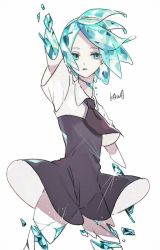 Rule 34 | 1other, amputee, androgynous, aqua eyes, aqua hair, arm up, artist name, breaking, broken, clothes lift, cowboy shot, crack, cracked skin, expressionless, gem uniform (houseki no kuni), houseki no kuni, kawa (ricopin35), legs apart, looking to the side, necktie, other focus, parted bangs, phosphophyllite, quadruple amputee, see-through, shards, shirt, short hair, shorts, signature, thighs, white shirt, wind
