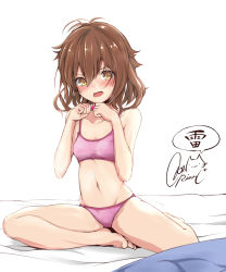 Rule 34 | &gt;:o, 10s, 1girl, :o, artist name, bare arms, bare legs, bare shoulders, barefoot, bed sheet, blush, bra, breasts, brown eyes, brown hair, character name, cleavage, clenched hands, collarbone, embarrassed, feet, full body, hair between eyes, ikazuchi (kancolle), kantai collection, looking at viewer, messy hair, navel, on bed, open mouth, panties, pink bra, pink panties, rizzl, short hair, signature, simple background, sitting, small breasts, solo, stomach, toes, underwear, underwear only, v-shaped eyebrows, white background