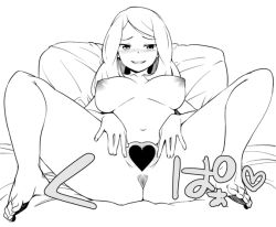 Rule 34 | 10s, 1girl, anus, bare legs, bed, blush, breasts, censored, collarbone, creatures (company), feet, game freak, heart, knees, kupaa, large breasts, legs, long hair, lying, midriff, monochrome, nail, navel, nintendo, nude, on back, pokemon, pokemon xy, pussy, serena (pokemon), sketch, smile, spread legs, spread pussy, tamagoroo, toes