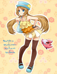 Rule 34 | 10s, 1girl, alternate costume, alternate hairstyle, bag, black thighhighs, blue eyes, bracelet, brown hair, creatures (company), floral background, flower, full body, game freak, gen 6 pokemon, hand on own hip, handbag, hat, hat flower, irouha, jewelry, mary janes, nintendo, pokemon, pokemon (creature), pokemon xy, serena (pokemon), shoes, skirt, sleeveless, smile, spritzee, striped clothes, striped skirt, thighhighs, twintails, zettai ryouiki