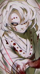 Rule 34 | 1boy, absurdres, angry, blood, blood on clothes, blood on hands, colored eyelashes, colored sclera, frown, hair over one eye, highres, ibuo (ibukht1015), japanese clothes, kimetsu no yaiba, kimono, long sleeves, looking at viewer, looking up, male focus, one eye covered, red sclera, rui (kimetsu no yaiba), sanpaku, sash, solo, upper body, white hair