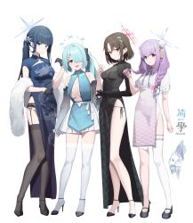 Rule 34 | 4girls, absurdres, alternate costume, alternate hairstyle, arius squad (blue archive), atsuko (blue archive), black dress, black footwear, black hair, black thighhighs, blue archive, blue dress, blue eyes, blue hair, blue halo, blush, braid, breasts, bun cover, china dress, chinese clothes, detached sleeves, dress, green dress, green eyes, green hair, green halo, grey halo, hair over one eye, halo, high heels, highres, hiyori (blue archive), large breasts, long hair, medium breasts, misaki (blue archive), multiple girls, nagul, open mouth, purple hair, red eyes, red halo, saori (blue archive), short hair, short sleeves, side ponytail, simple background, single thighhigh, small breasts, thighhighs, twin braids, white background, white dress, white thighhighs
